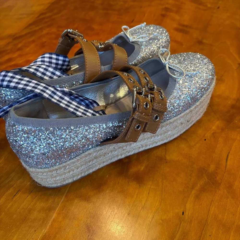 Retail $650! Miu Miu Glitter Silver Platform Espadrilles Removables Ties 40 9.5